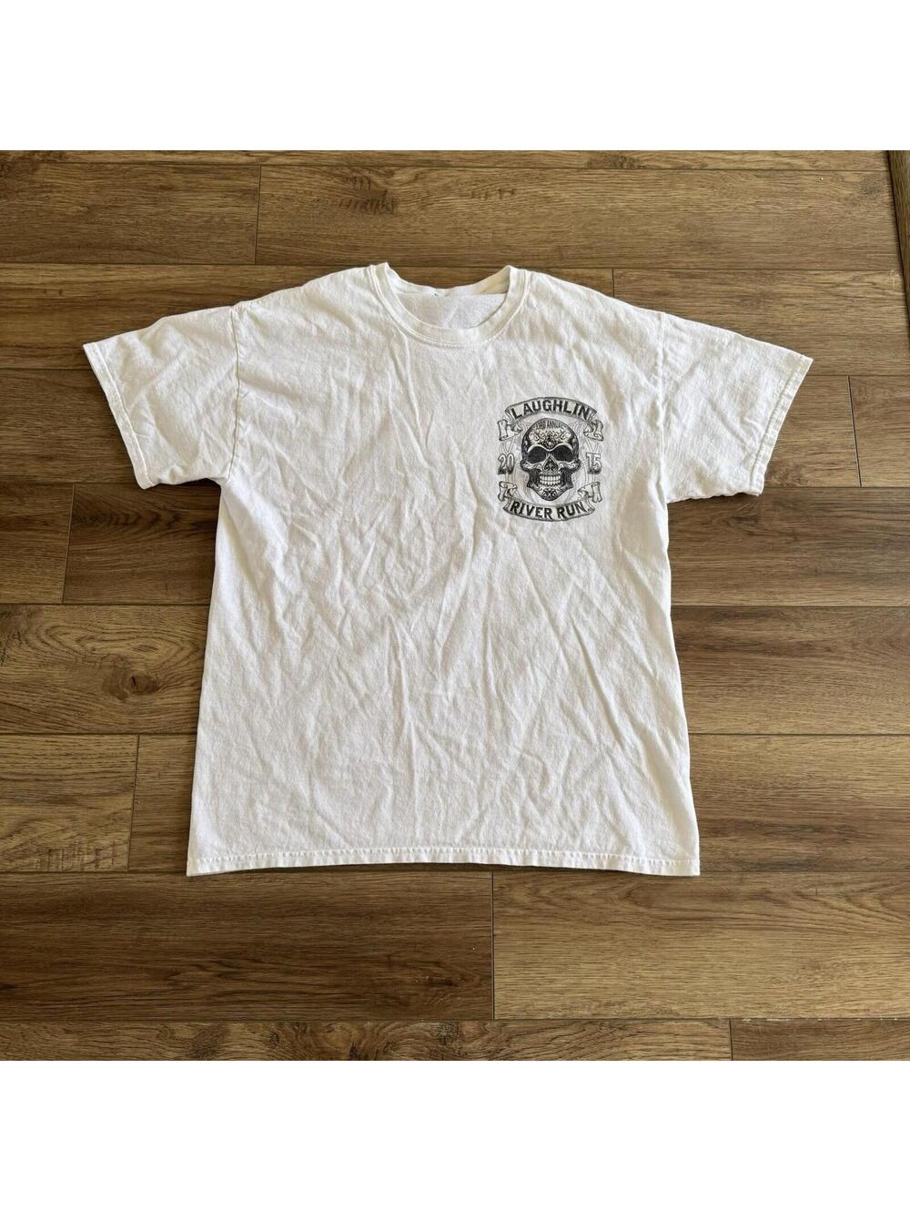 2015 Laughlin River Run Biker Motorcycle Skull Shirt White